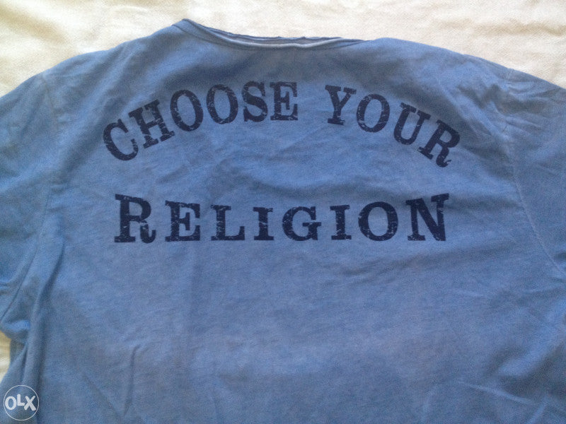 PHILIPP PLEIN ''CHOOSE YOUR RELIGION'' MEN'S T-SHIRT INDIGO BLUE RIVETED AND GTAPHIC PRINT LARGE SIZE