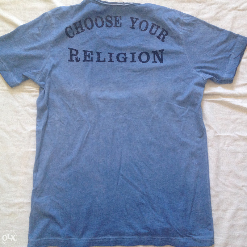 PHILIPP PLEIN ''CHOOSE YOUR RELIGION'' MEN'S T-SHIRT INDIGO BLUE RIVETED AND GTAPHIC PRINT LARGE SIZE