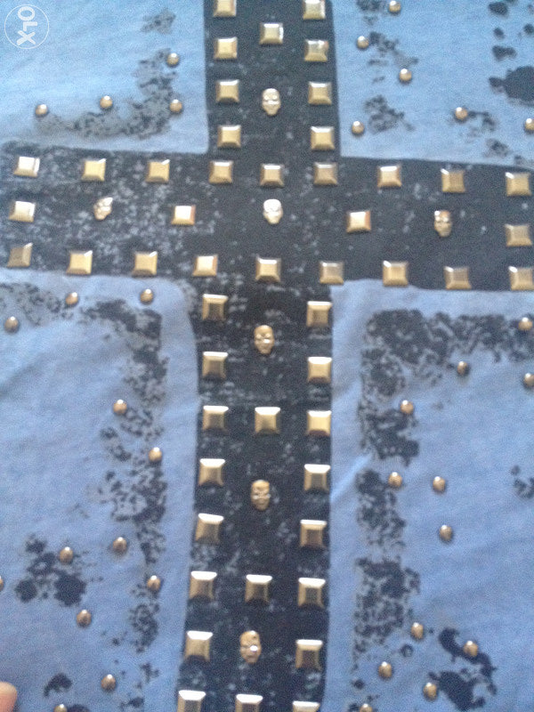 PHILIPP PLEIN ''CHOOSE YOUR RELIGION'' MEN'S T-SHIRT INDIGO BLUE RIVETED AND GTAPHIC PRINT LARGE SIZE
