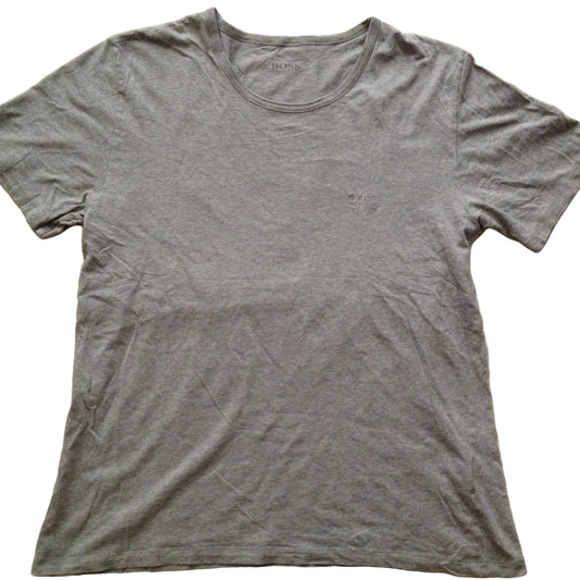 A heather gray short-sleeve crewneck t-shirt laid flat on a light beige fabric background.