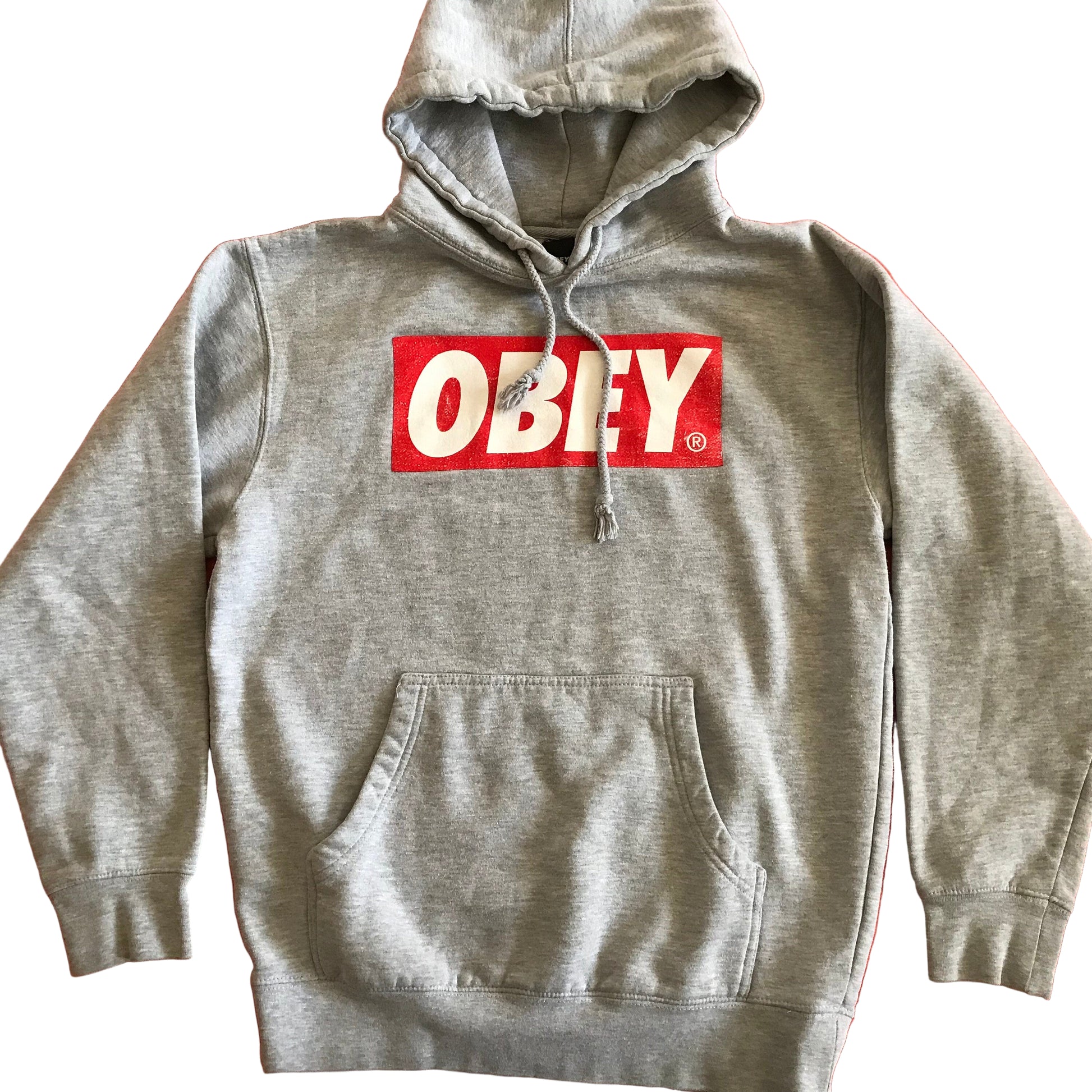 Gray hoodie with a red 'OBEY' logo on a red background