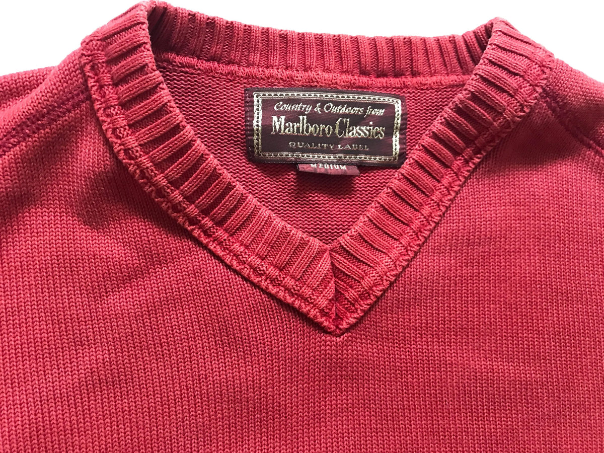 Marlboro Classics Men's Red V-Neck Rugged Pure Cotton  Sweater Madium Size