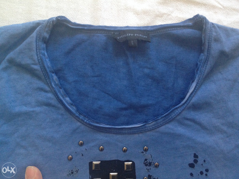 PHILIPP PLEIN ''CHOOSE YOUR RELIGION'' MEN'S T-SHIRT INDIGO BLUE RIVETED AND GTAPHIC PRINT LARGE SIZE