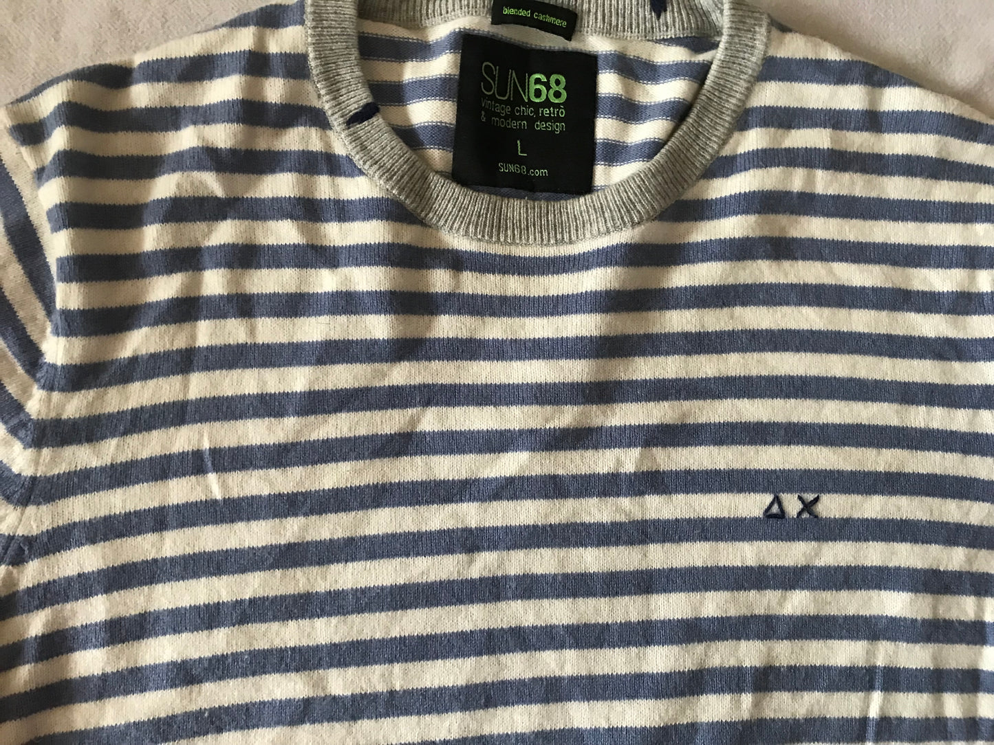 SUN 68 CROWN NECK MEN'S PULLOWER SWEATR LARGE SIZE STRIPED COTTON CASHMERE BLEND